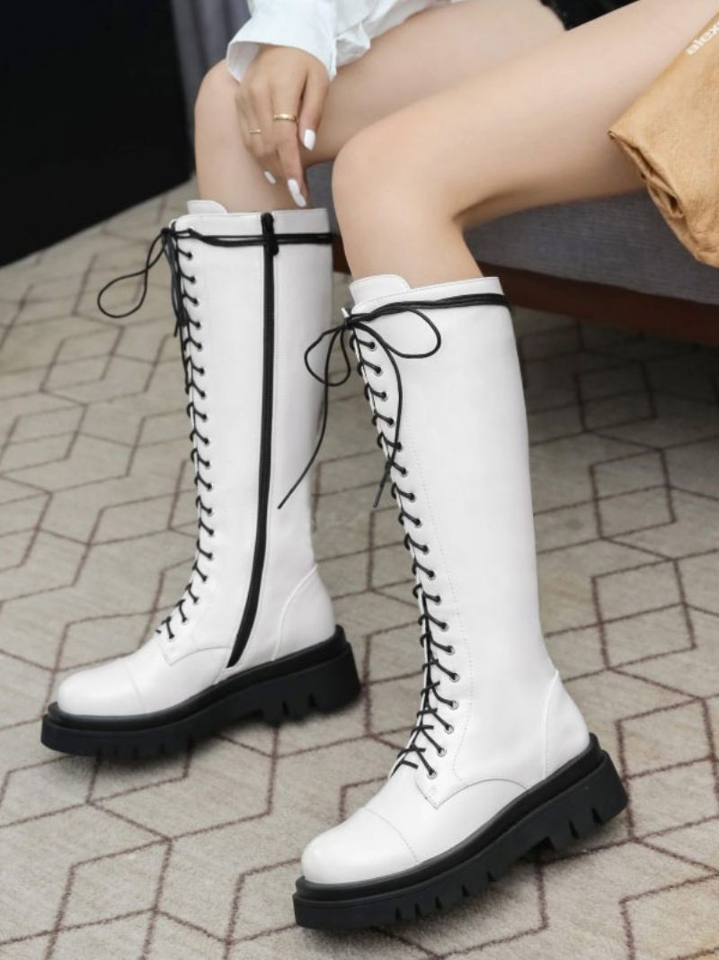 Bottes Mi-mollet Pour Femmes Cuir Noir Bout Rond Sangle Réglable Sur Le Devant - Blanc