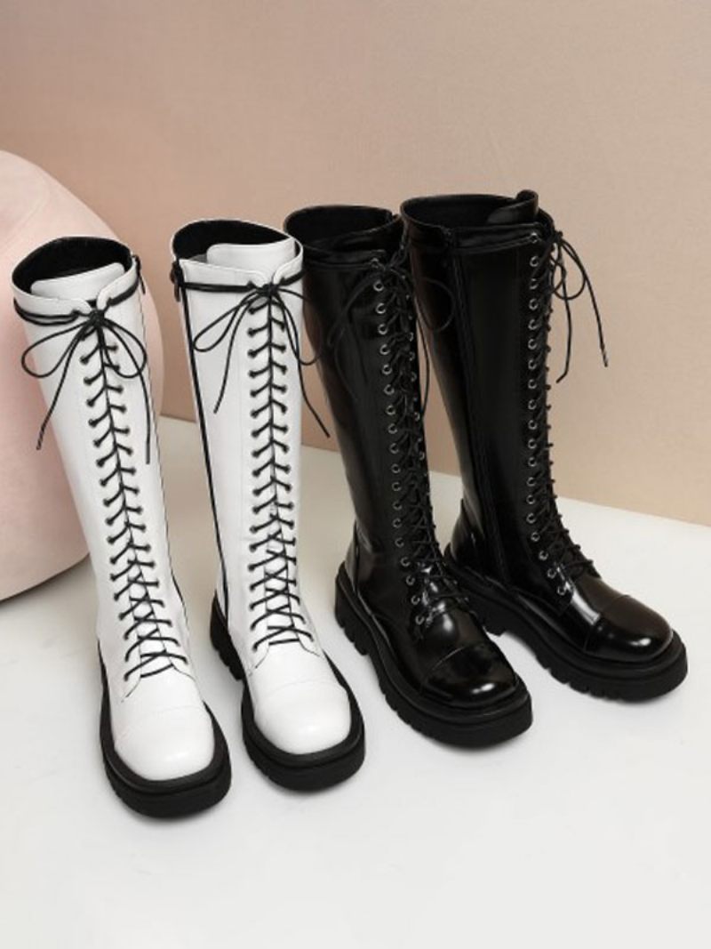 Bottes Mi-mollet Pour Femmes Cuir Noir Bout Rond Sangle Réglable Sur Le Devant - Blanc