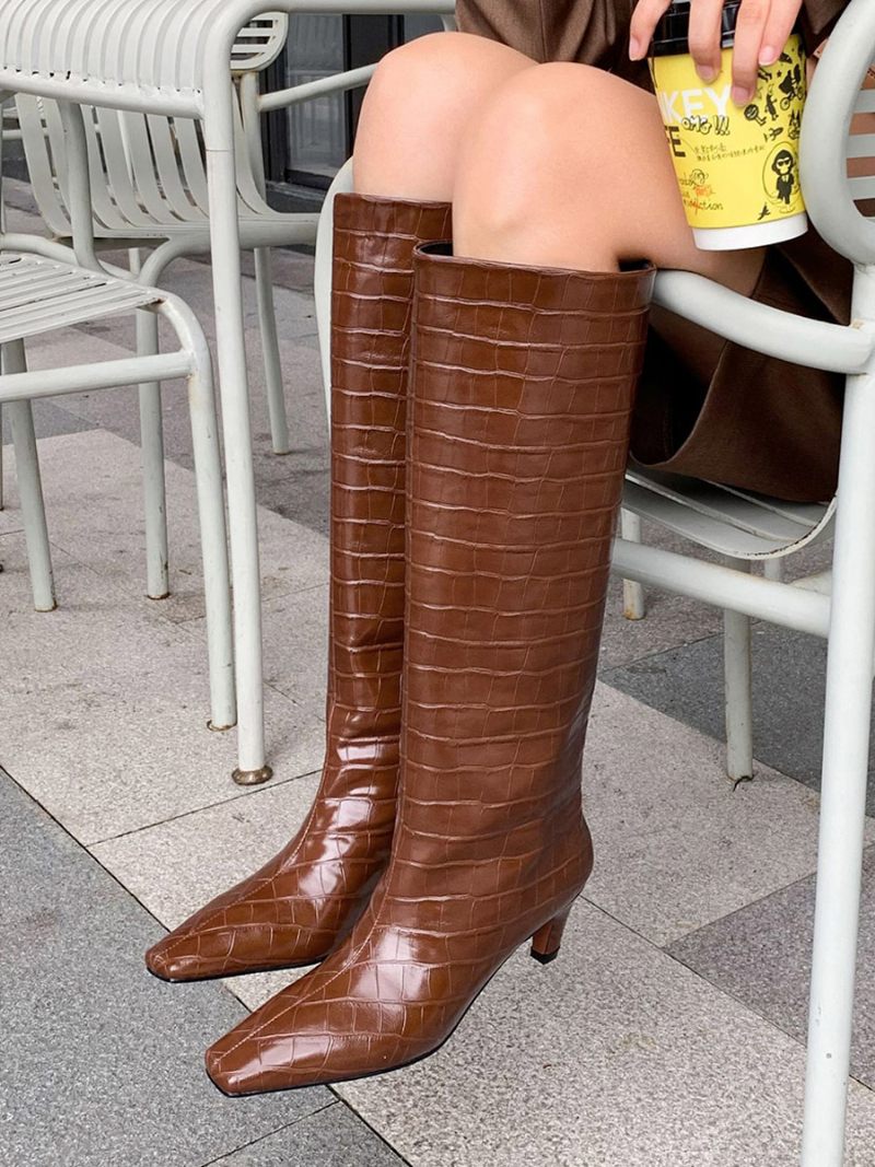 Bottes Mi-mollet Pour Femmes Cuir Pu À Bout Pointu Et Talons Épais - Marron Café