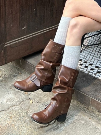 Bottes Mi-mollet Pour Femmes Cuir Pu À Bout Pointu Et Talons Épais