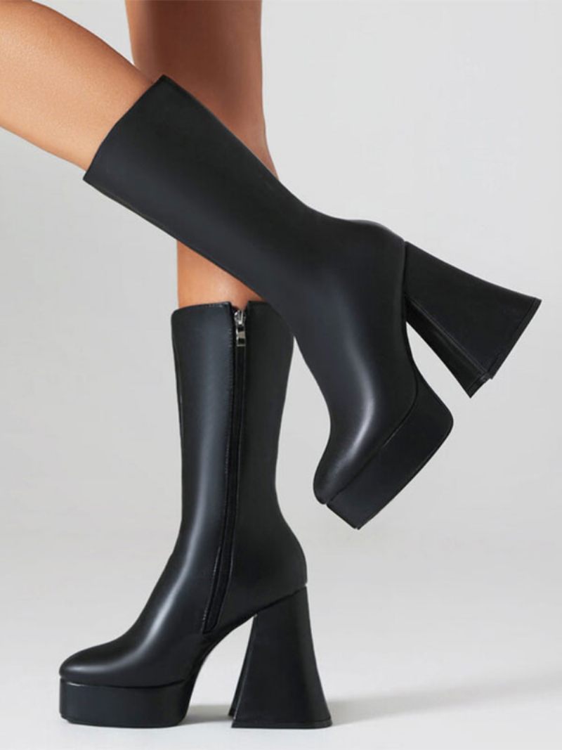 Bottes Mi-mollet Pour Femmes Cuir Pu À Bout Rond Et Talons Épais - Noir