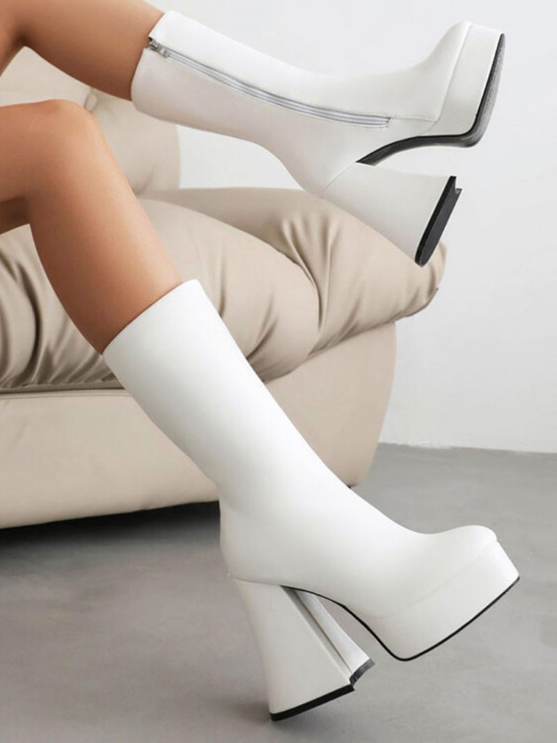 Bottes Mi-mollet Pour Femmes Cuir Pu À Bout Rond Et Talons Épais - Blanc