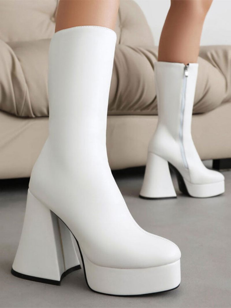 Bottes Mi-mollet Pour Femmes Cuir Pu À Bout Rond Et Talons Épais - Blanc