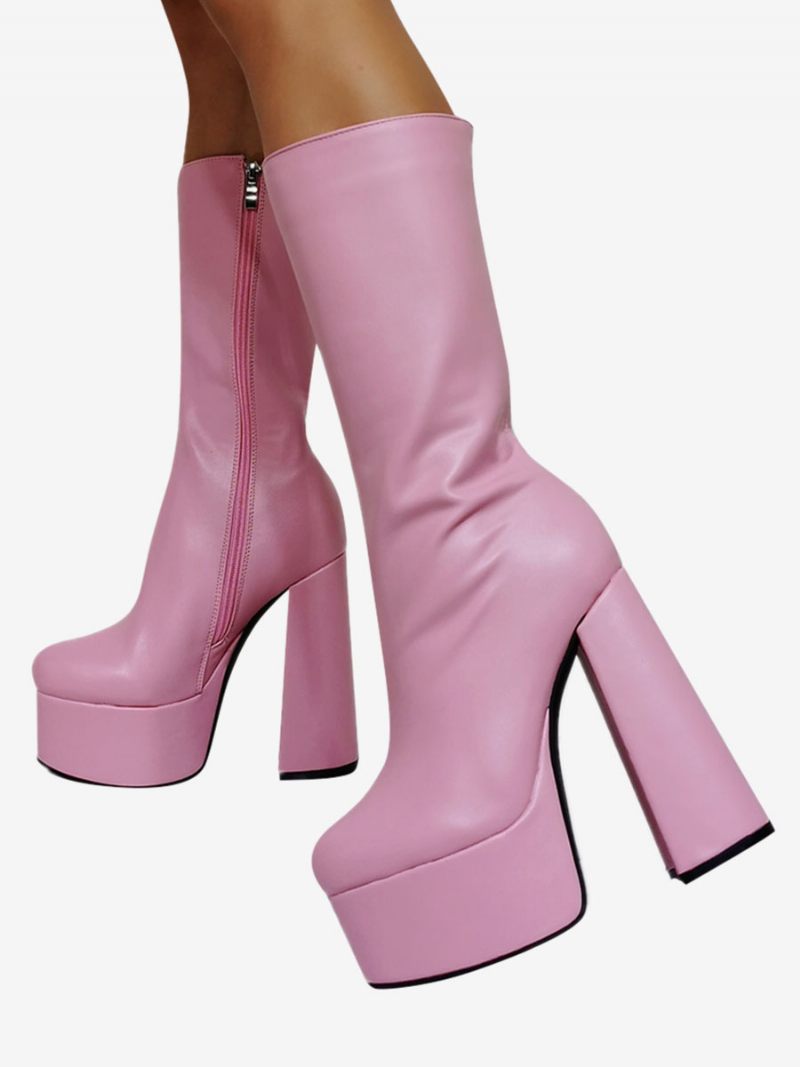 Bottes Mi-mollet Pour Femmes Cuir Pu Bout Rond Plateforme Talons Épais - Rose Clair