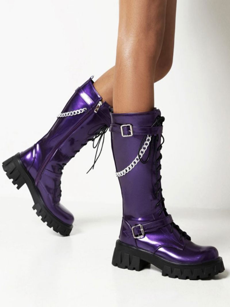 Bottes Mi-mollet Pour Femmes Détails Métalliques Pu Verni À Bout Rond Et Talons Épais - Violet