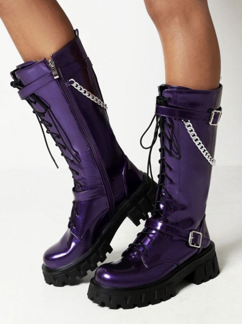 Bottes Mi-mollet Pour Femmes Détails Métalliques Pu Verni À Bout Rond Et Talons Épais - Violet