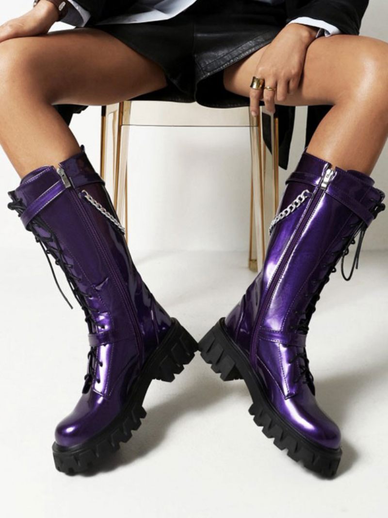 Bottes Mi-mollet Pour Femmes Détails Métalliques Pu Verni À Bout Rond Et Talons Épais - Violet