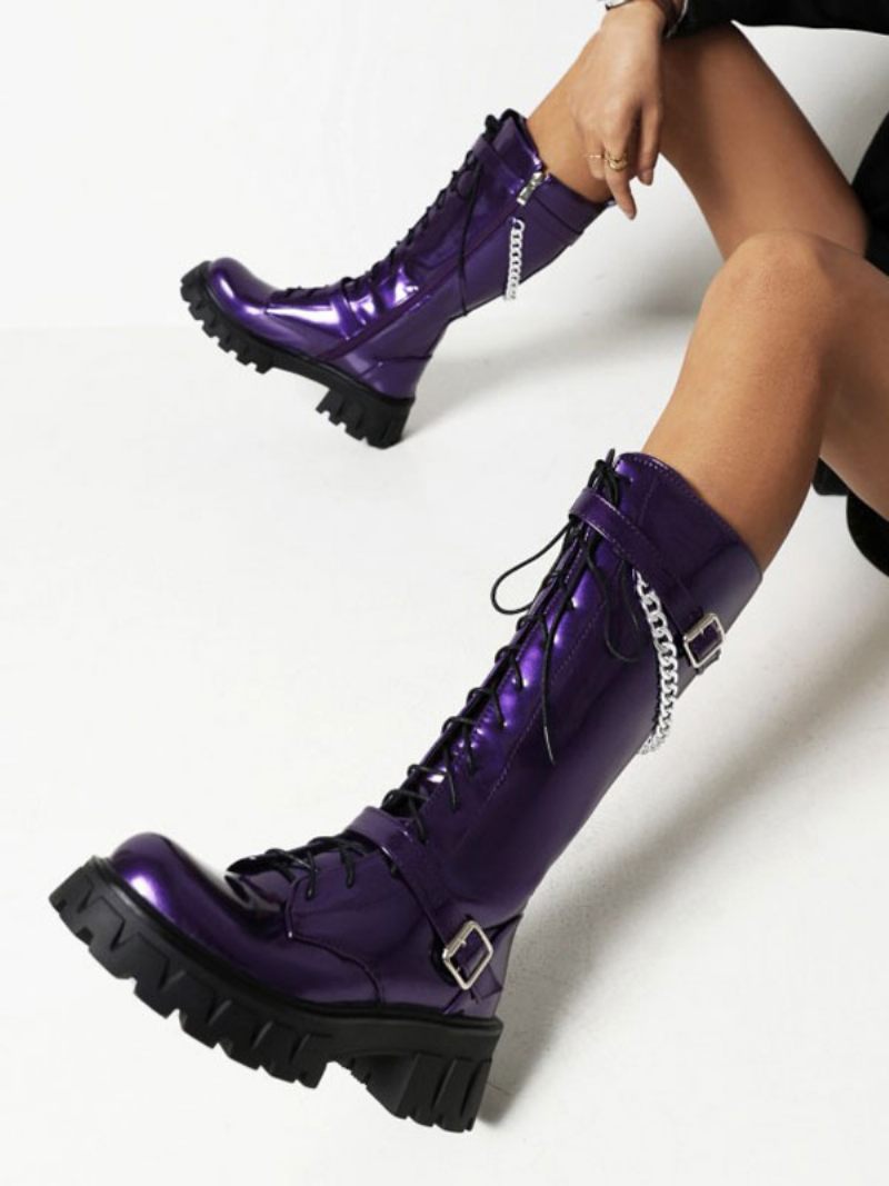 Bottes Mi-mollet Pour Femmes Détails Métalliques Pu Verni À Bout Rond Et Talons Épais - Violet