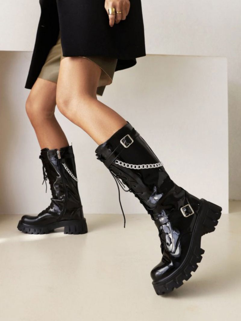 Bottes Mi-mollet Pour Femmes Détails Métalliques Pu Verni À Bout Rond Et Talons Épais - Noir