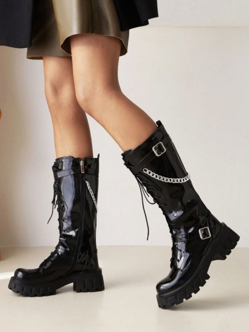 Bottes Mi-mollet Pour Femmes Détails Métalliques Pu Verni À Bout Rond Et Talons Épais - Noir