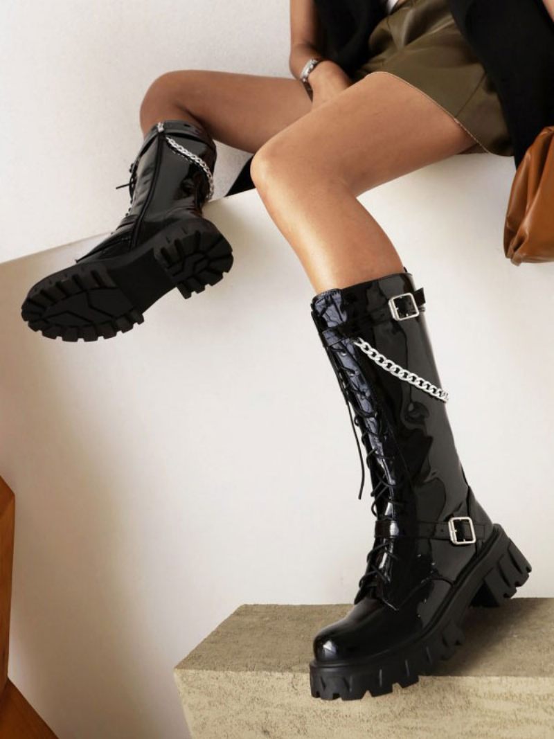 Bottes Mi-mollet Pour Femmes Détails Métalliques Pu Verni À Bout Rond Et Talons Épais - Noir