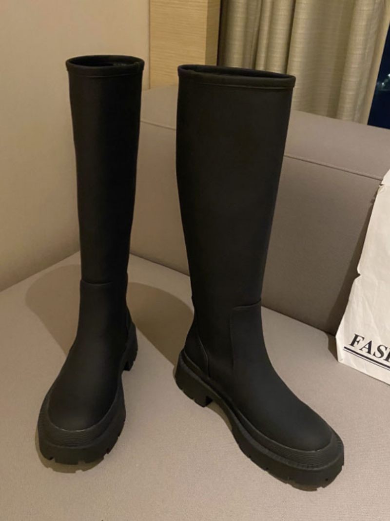 Bottes Mi-mollet Pour Femmes D'équitation Plates À Bout Rond - Noir