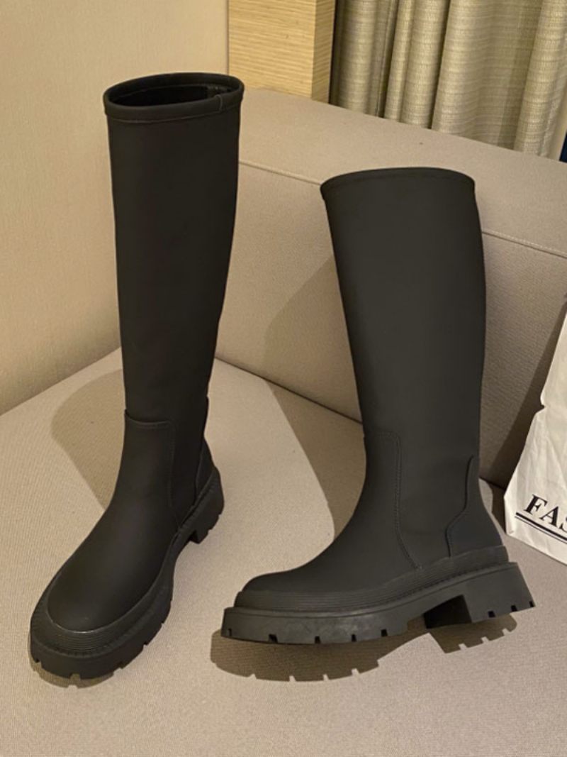 Bottes Mi-mollet Pour Femmes D'équitation Plates À Bout Rond - Noir