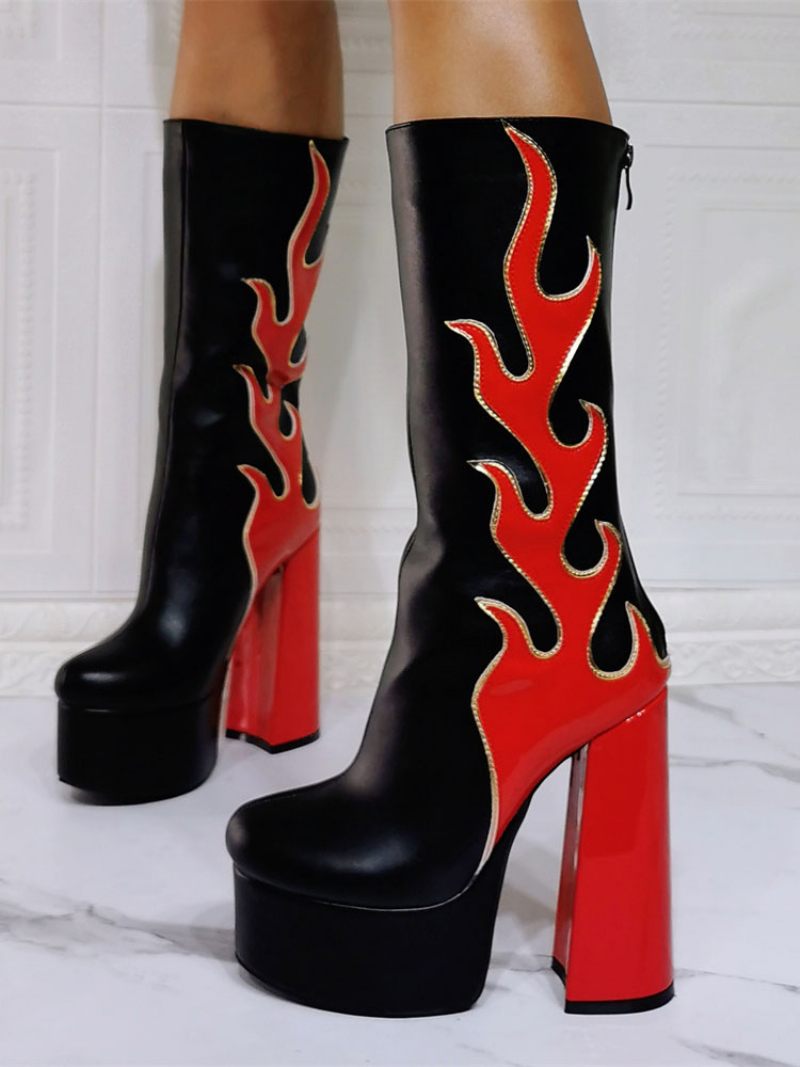 Bottes Mi-mollet Pour Femmes Géométriques À Bout Rond Cuir Pu Motif Flamme Rouge - Rouge