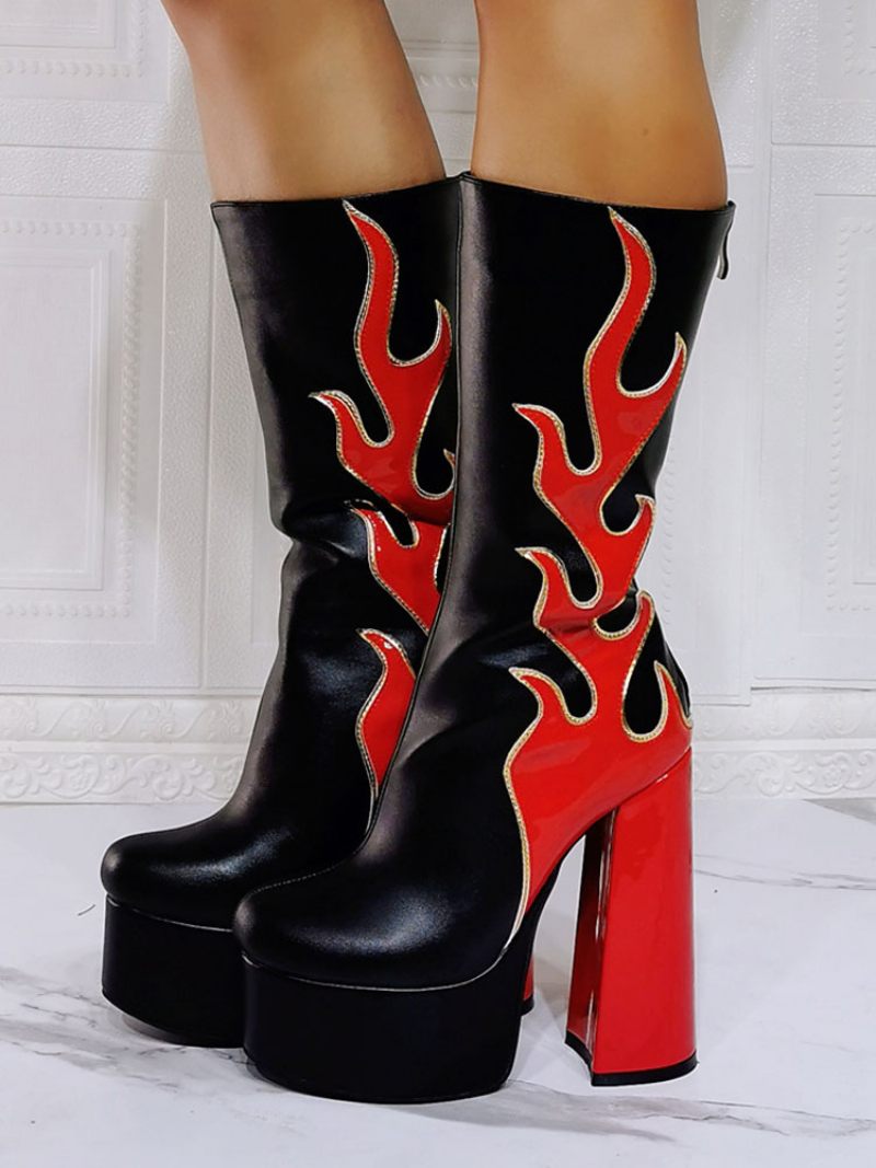 Bottes Mi-mollet Pour Femmes Géométriques À Bout Rond Cuir Pu Motif Flamme Rouge - Rouge