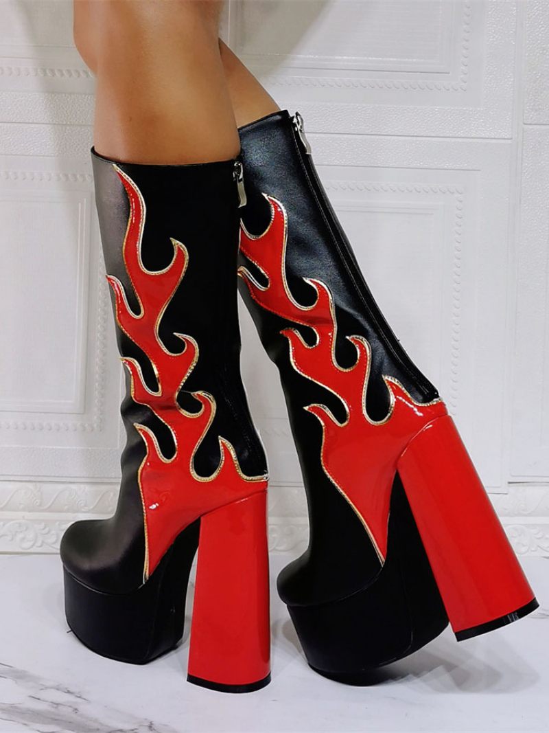 Bottes Mi-mollet Pour Femmes Géométriques À Bout Rond Cuir Pu Motif Flamme Rouge - Rouge