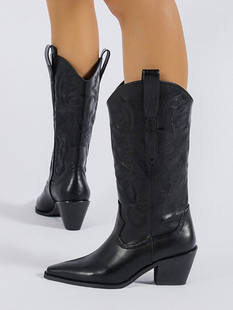 Bottes Mi-mollet Pour Femmes Imprimées Cuir Pu À Bout Pointu Et Talon Chiot - Noir