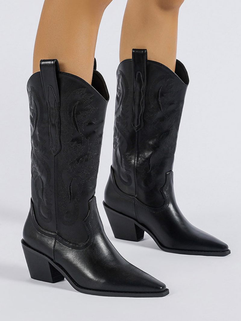 Bottes Mi-mollet Pour Femmes Imprimées Cuir Pu À Bout Pointu Et Talon Chiot - Noir