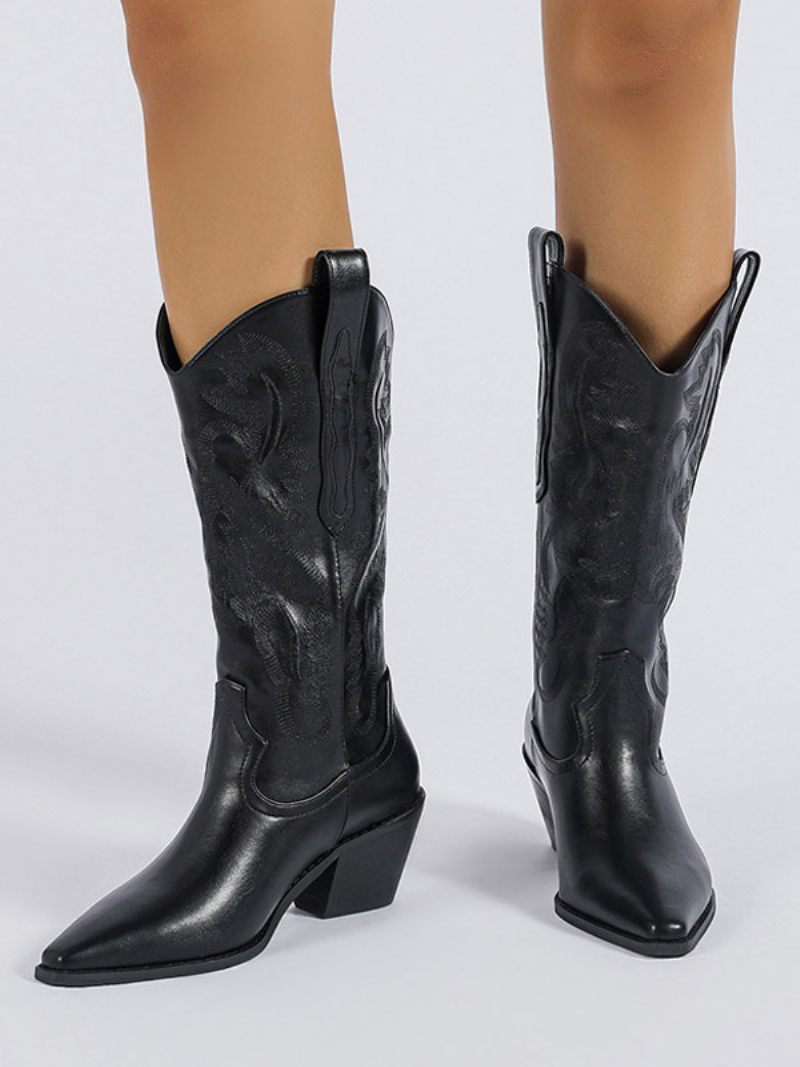 Bottes Mi-mollet Pour Femmes Imprimées Cuir Pu À Bout Pointu Et Talon Chiot - Noir