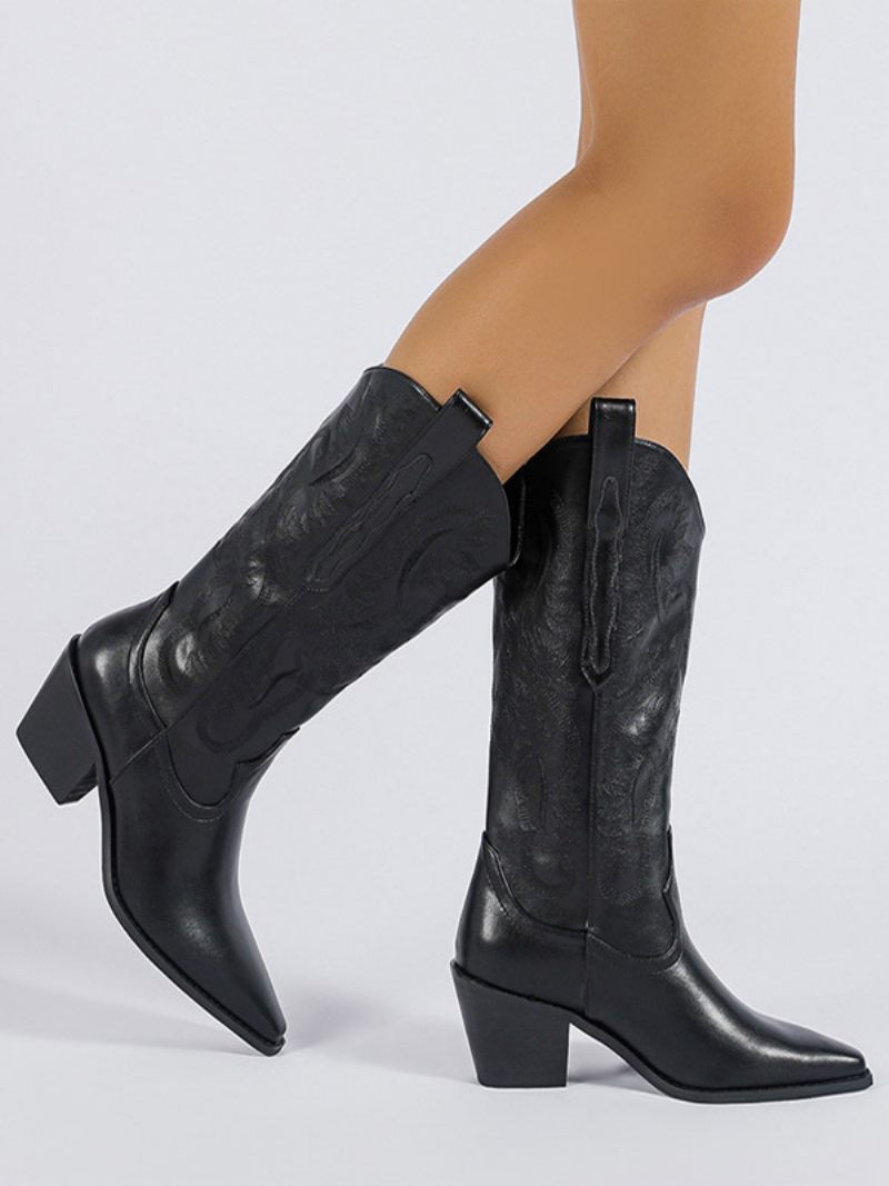 Bottes Mi-mollet Pour Femmes Imprimées Cuir Pu À Bout Pointu Et Talon Chiot - Noir