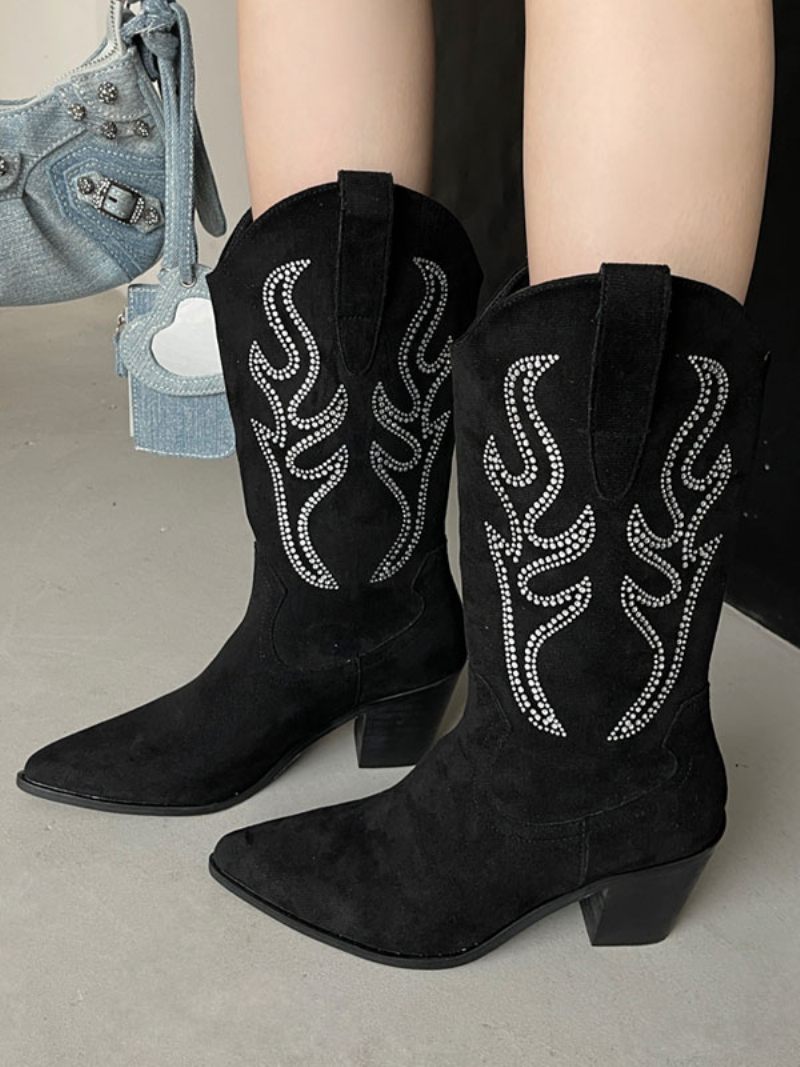 Bottes Mi-mollet Pour Femmes Micro-daim À Bout Pointu Et Talons Épais