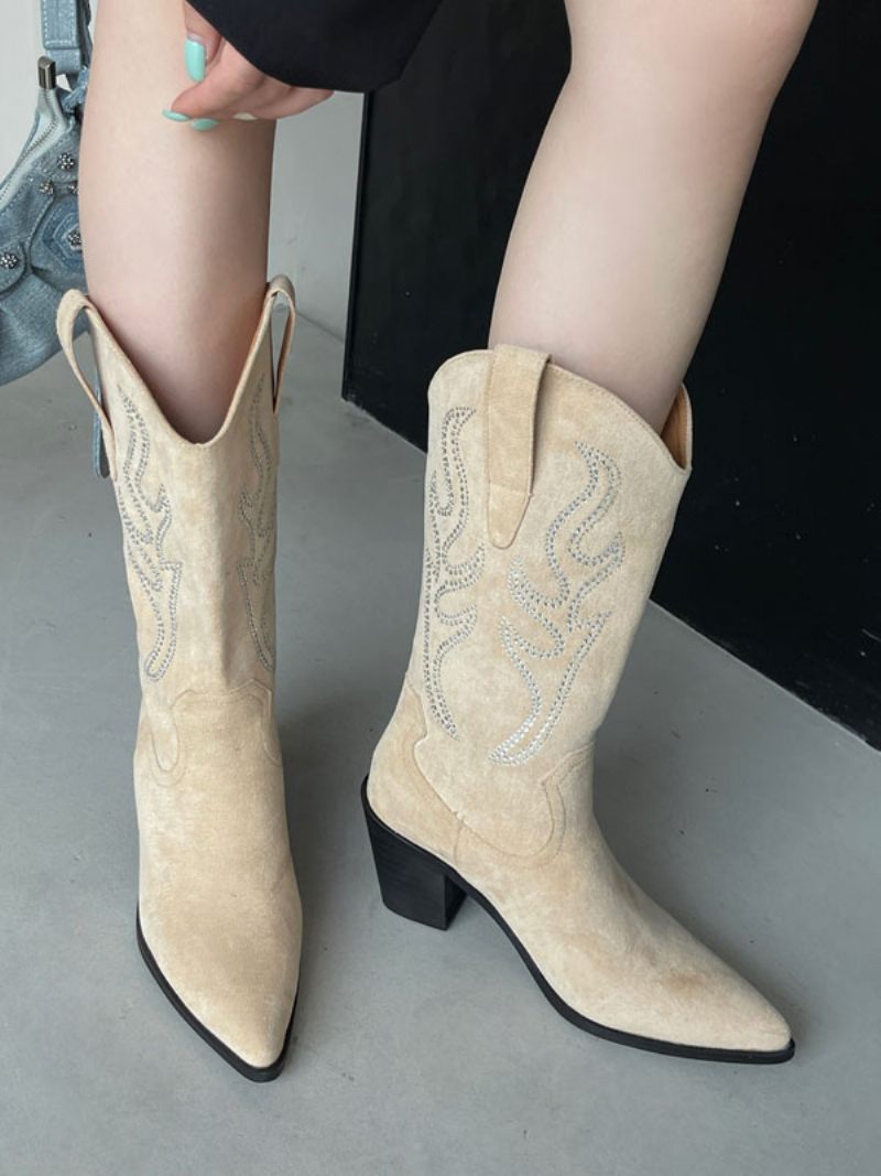 Bottes Mi-mollet Pour Femmes Micro-daim À Bout Pointu Et Talons Épais - Jaune Clair