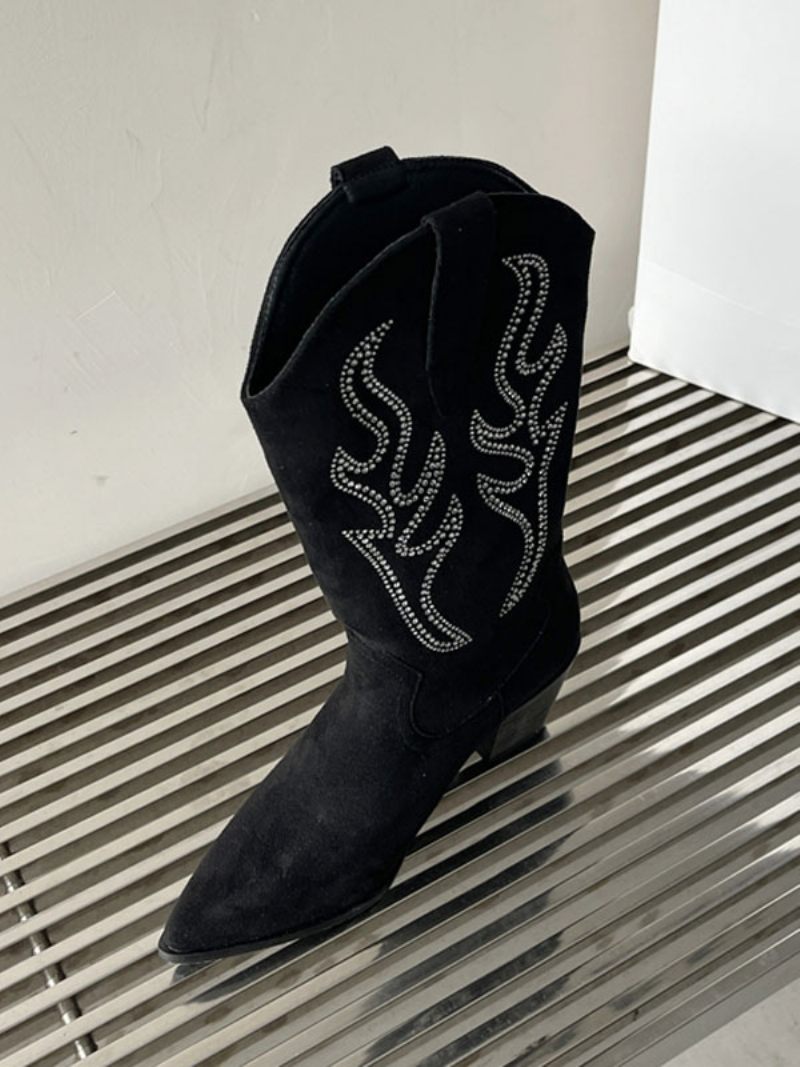 Bottes Mi-mollet Pour Femmes Micro-daim À Bout Pointu Et Talons Épais - Noir