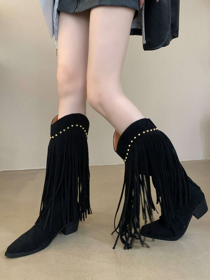 Bottes Mi-mollet Pour Femmes Micro-daim À Bout Pointu Et Talons Épais - Noir