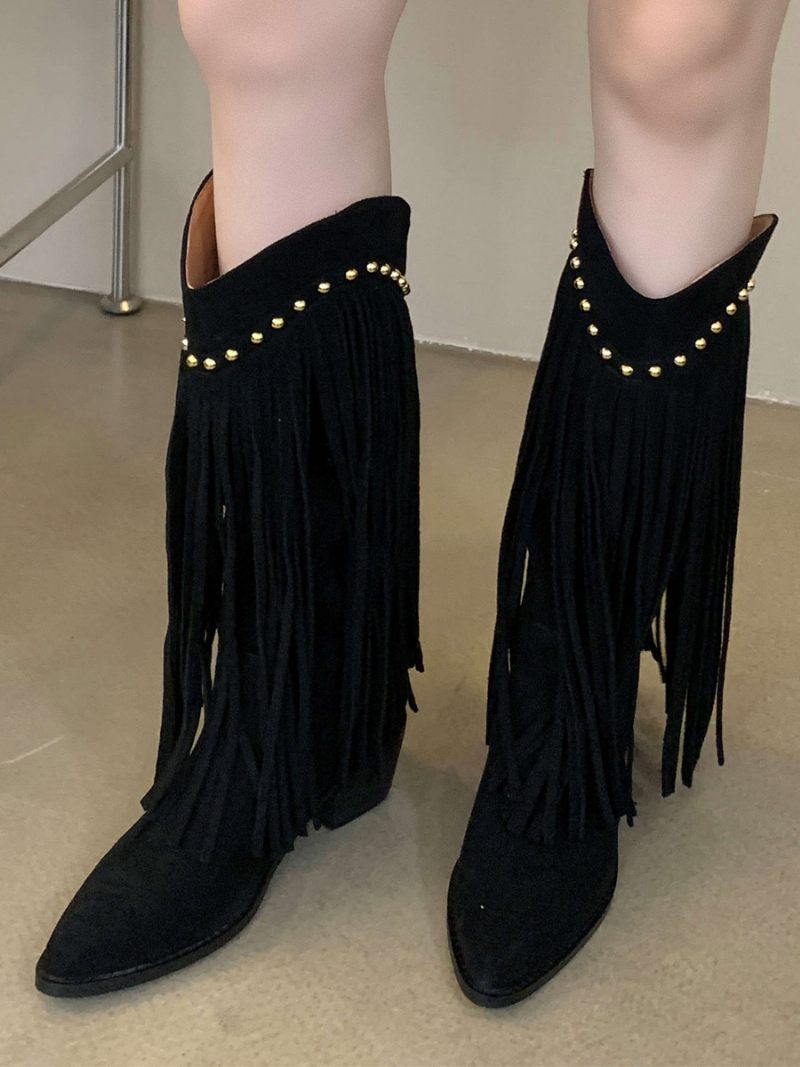 Bottes Mi-mollet Pour Femmes Micro-daim À Bout Pointu Et Talons Épais - Noir