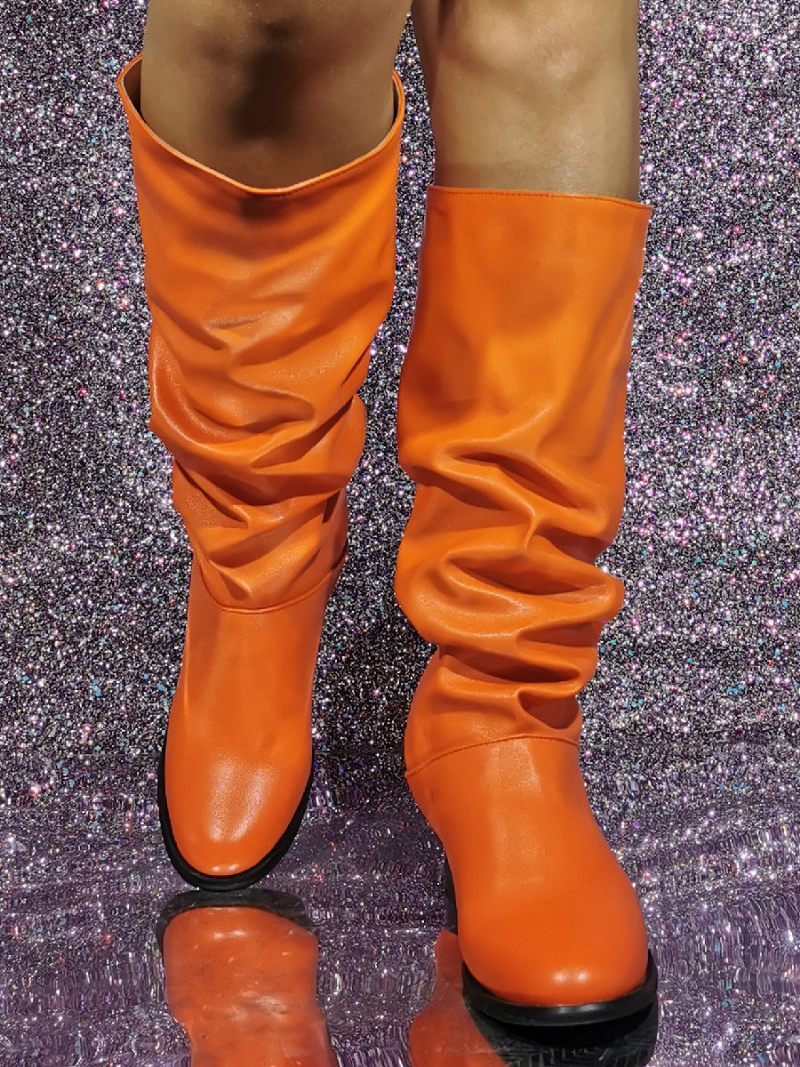 Bottes Mi-mollet Pour Femmes Paillettes Cuir Pu Bout Rond Talon Chiot - Orange