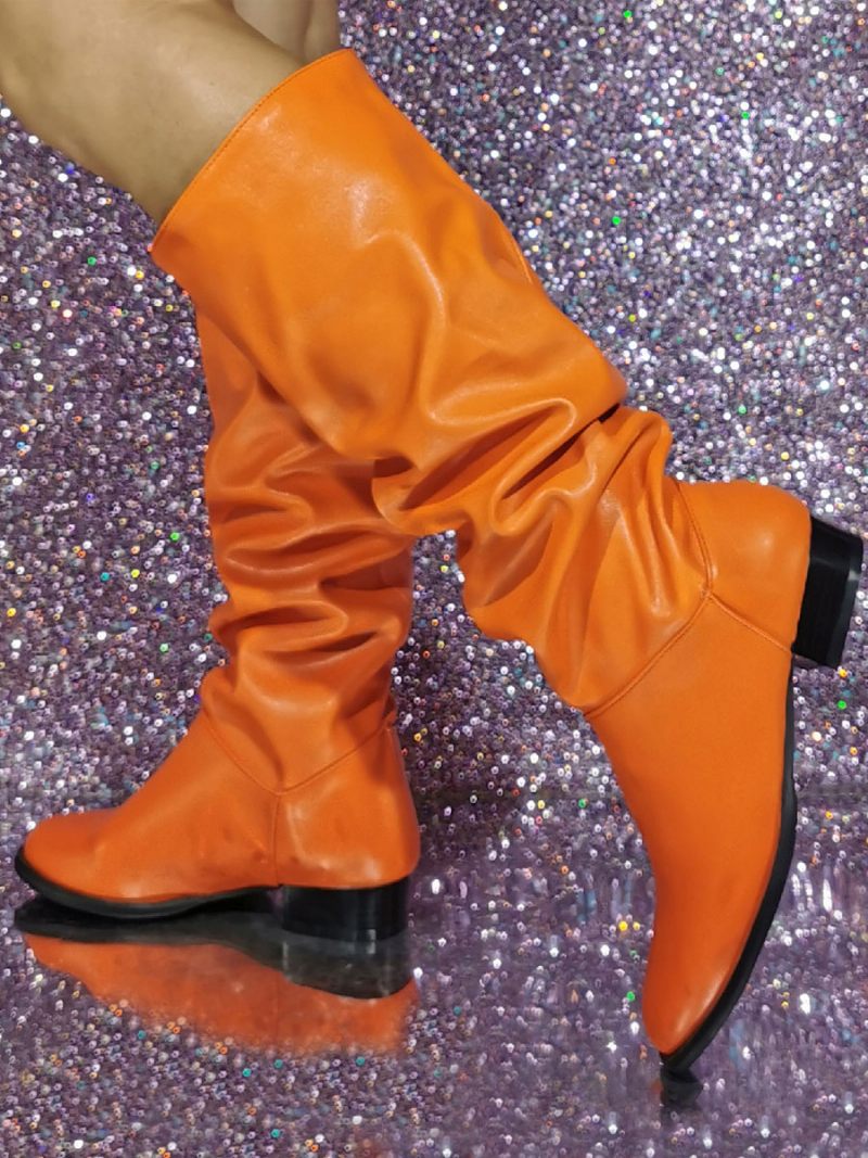 Bottes Mi-mollet Pour Femmes Paillettes Cuir Pu Bout Rond Talon Chiot - Orange