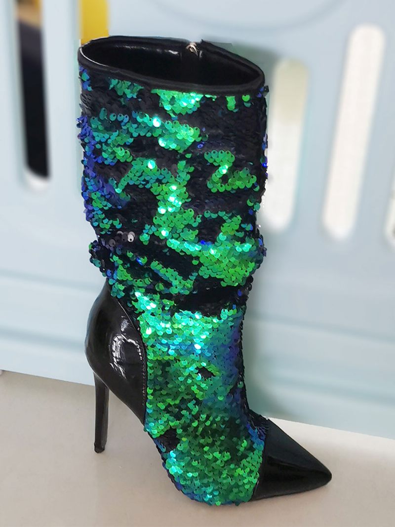 Bottes Mi-mollet Pour Femmes Paillettes Tissu Pailleté À Talons Aiguilles Bout Pointu - Vert