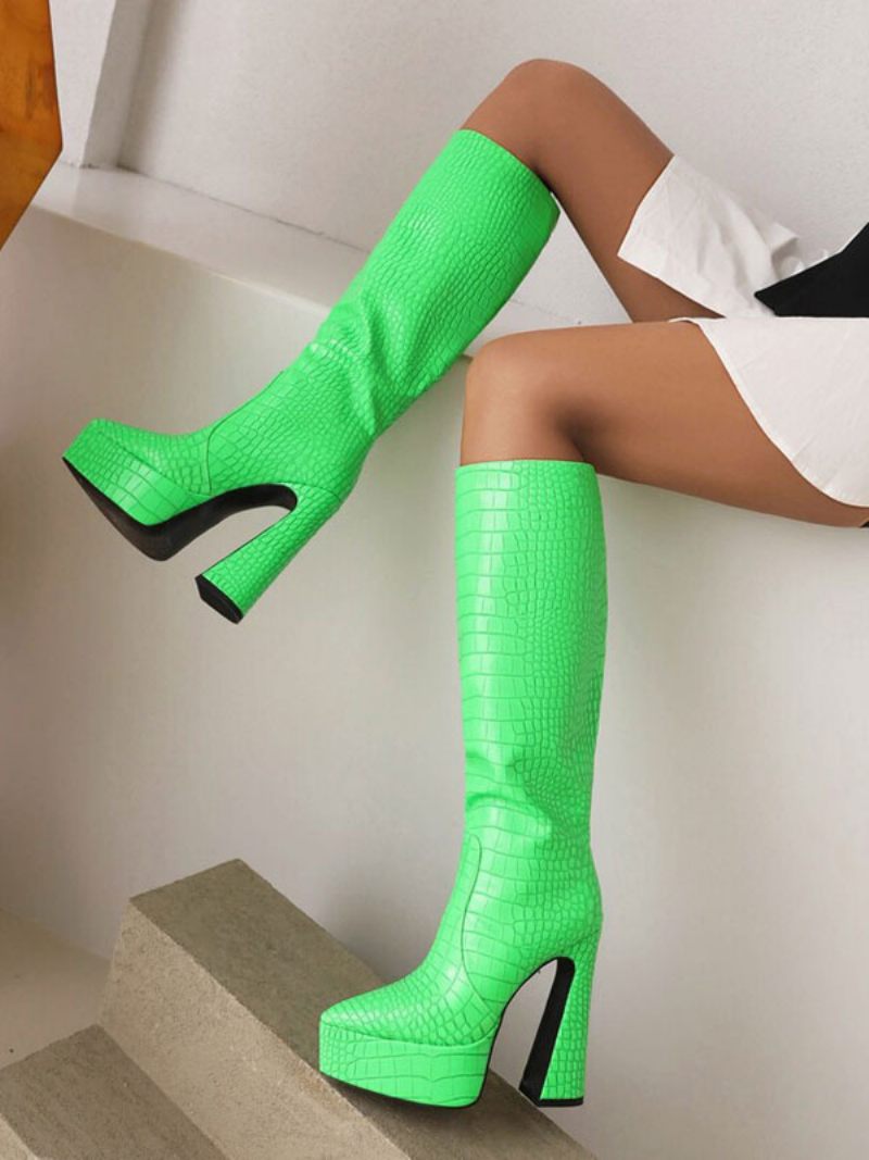 Bottes Mi-mollet Pour Femmes À Plateforme Cuir Pu Bout Pointu Et Talons Épais - Vert