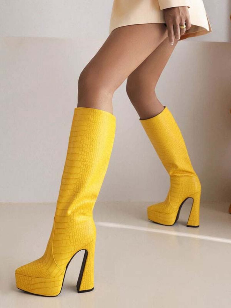 Bottes Mi-mollet Pour Femmes À Plateforme Cuir Pu Bout Pointu Et Talons Épais - Jaune