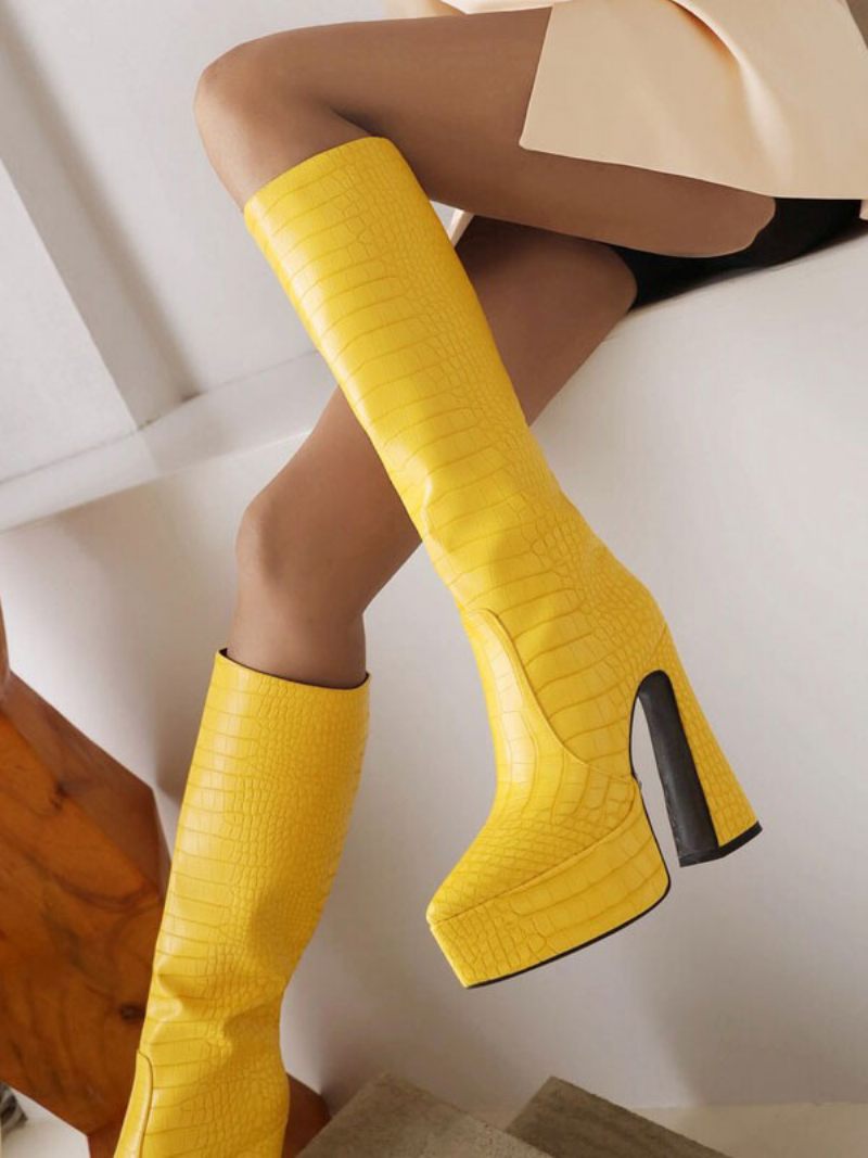 Bottes Mi-mollet Pour Femmes À Plateforme Cuir Pu Bout Pointu Et Talons Épais - Jaune