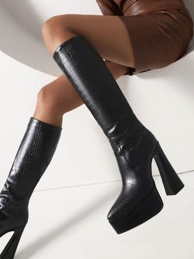 Bottes Mi-mollet Pour Femmes À Plateforme Cuir Pu Bout Pointu Et Talons Épais - Noir