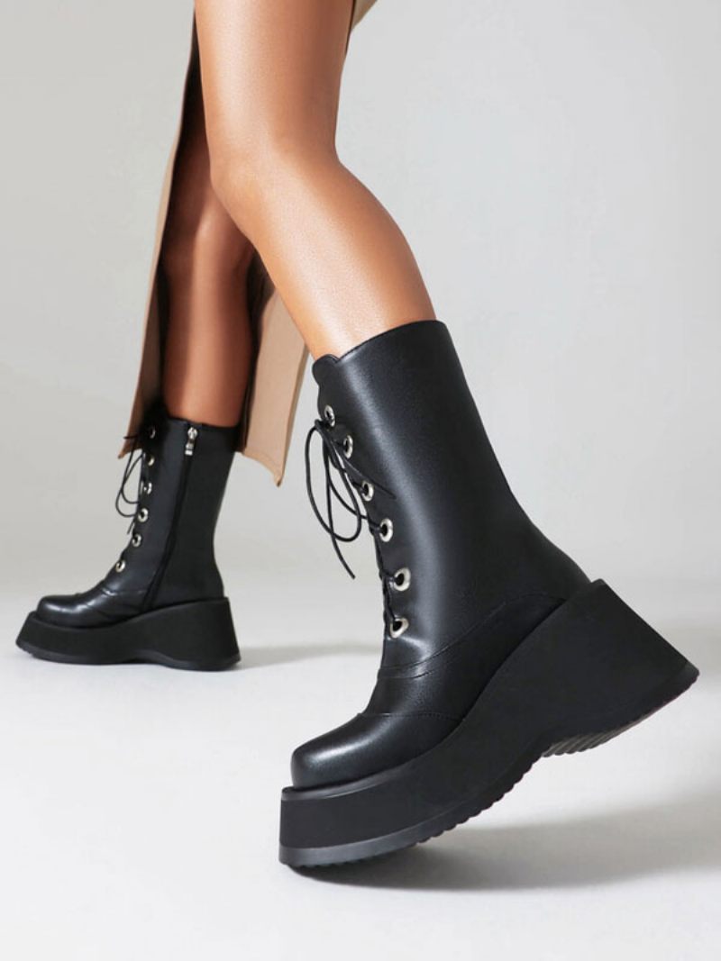 Bottes Mi-mollet Pour Femmes Sans Talons À Bout Rond Cuir Pu - Noir