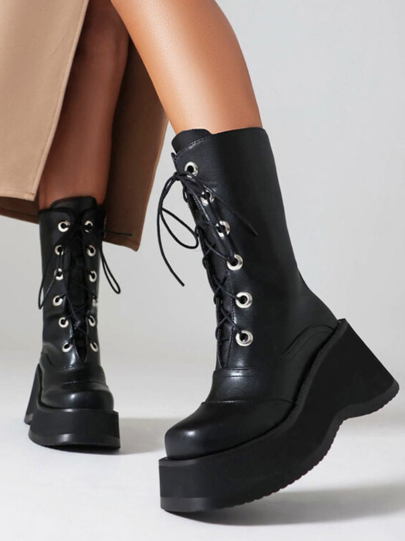 Bottes Mi-mollet Pour Femmes Sans Talons À Bout Rond Cuir Pu - Noir