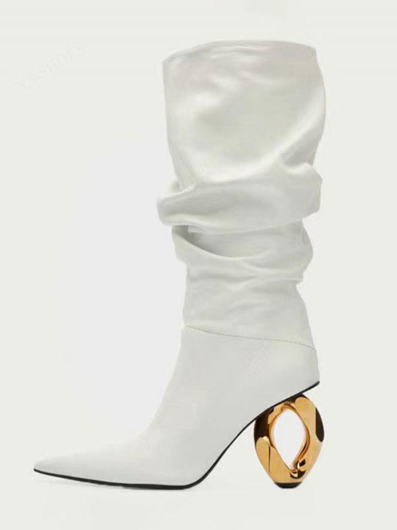 Bottes Mi-mollet Pour Femmes Souples Argentées À Bout Pointu Et Talon Forme Spéciale - Blanc