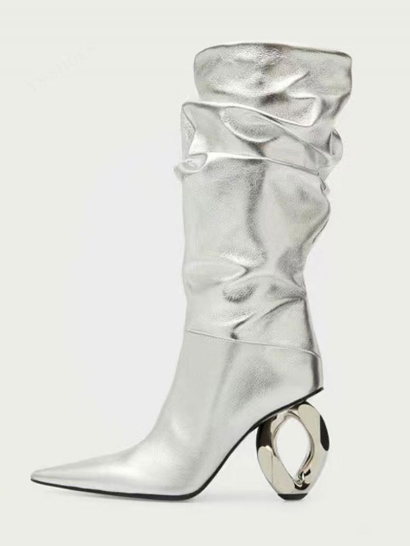 Bottes Mi-mollet Pour Femmes Souples Argentées À Bout Pointu Et Talon Forme Spéciale - Argent