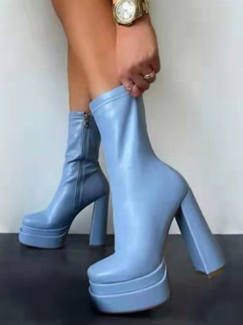 Bottes Mi-mollet Pour Femmes À Talon Épais Pu Verni Plateforme Supérieure Et Bout Carré - Bleu Ciel Clair