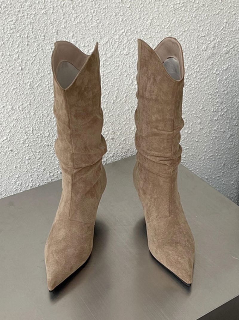 Bottes Mi-mollet Pour Femmes À Talons Aiguilles Et Bout Pointu Micro-daim - Jaune Clair