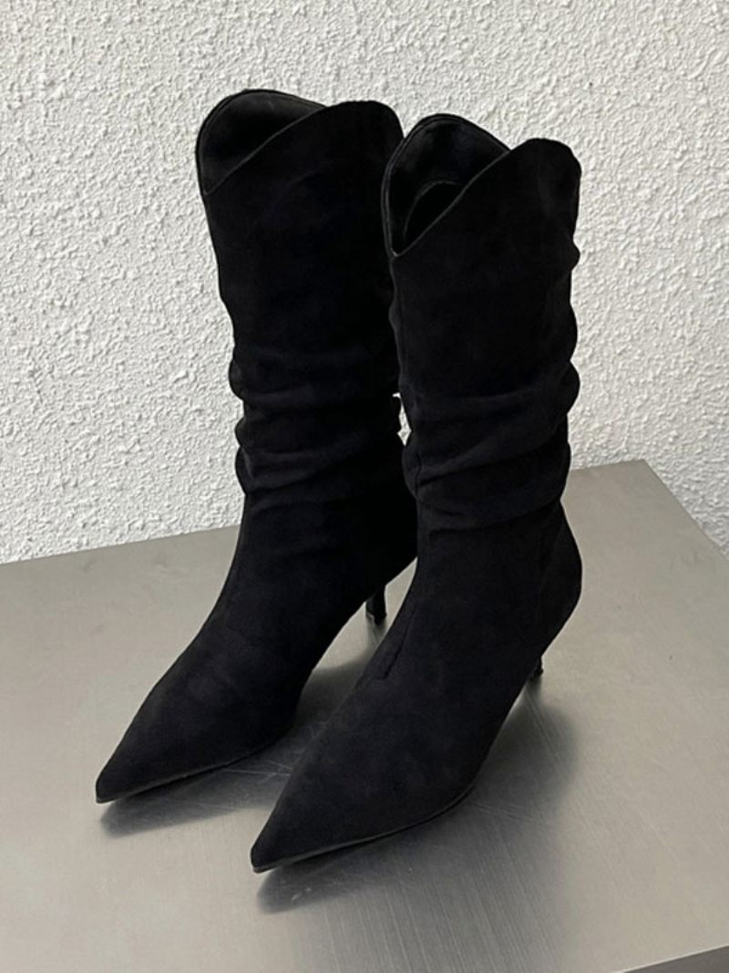 Bottes Mi-mollet Pour Femmes À Talons Aiguilles Et Bout Pointu Micro-daim - Noir