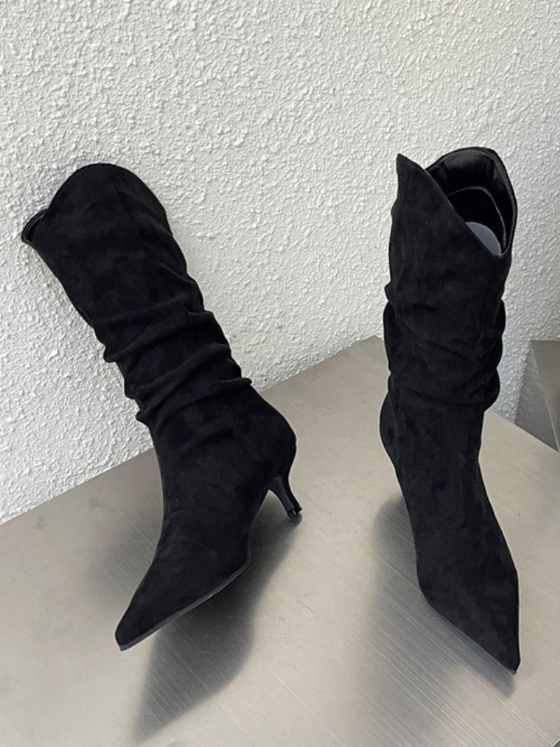 Bottes Mi-mollet Pour Femmes À Talons Aiguilles Et Bout Pointu Micro-daim - Noir