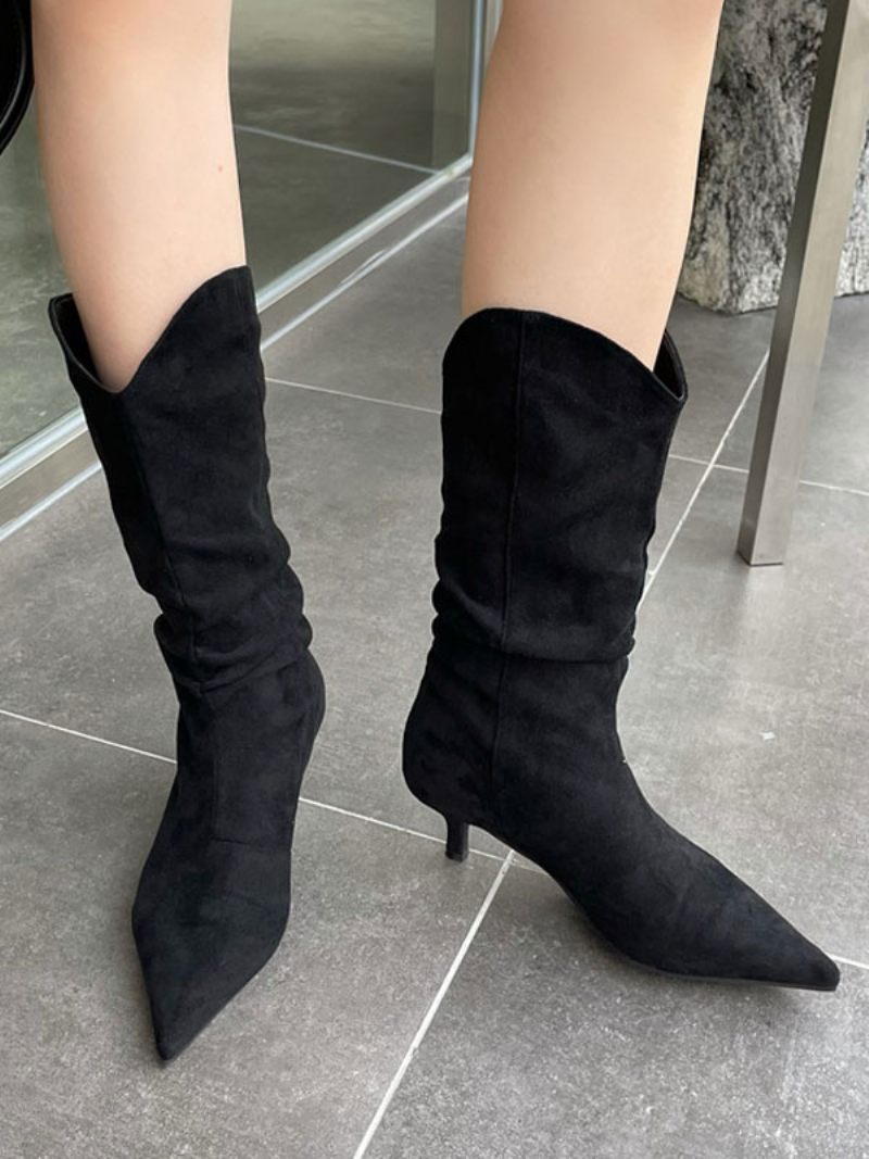 Bottes Mi-mollet Pour Femmes À Talons Aiguilles Et Bout Pointu Micro-daim - Noir