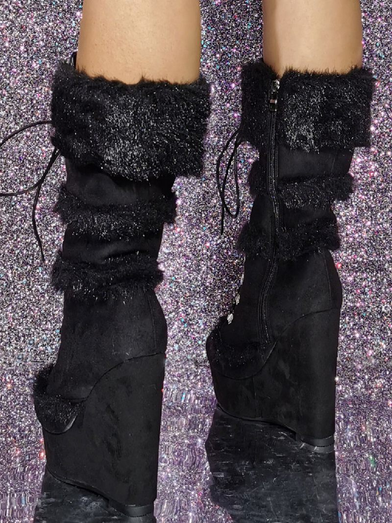 Bottes Mi-mollet Pour Femmes À Talons Compensés Micro-daim Avec Bout Rond - Noir