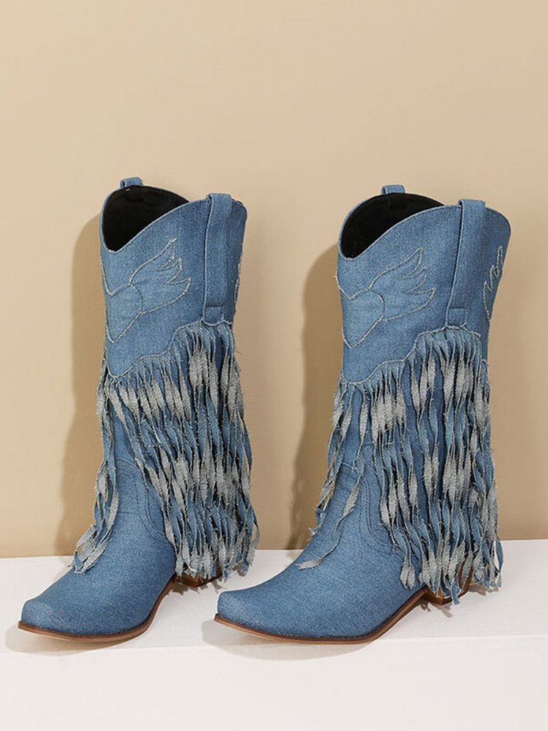 Bottes Mi-mollet Pour Femmes Toile À Bout Pointu Et Talons Épais