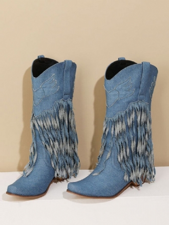 Bottes Mi-mollet Pour Femmes Toile À Bout Pointu Et Talons Épais