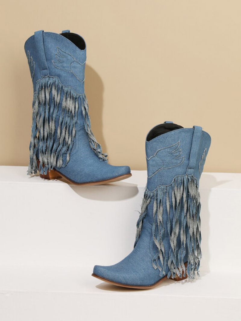 Bottes Mi-mollet Pour Femmes Toile À Bout Pointu Et Talons Épais - Bleu Ciel Clair