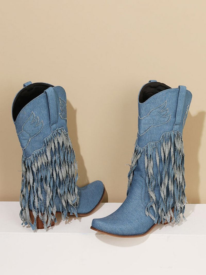 Bottes Mi-mollet Pour Femmes Toile À Bout Pointu Et Talons Épais - Bleu Ciel Clair